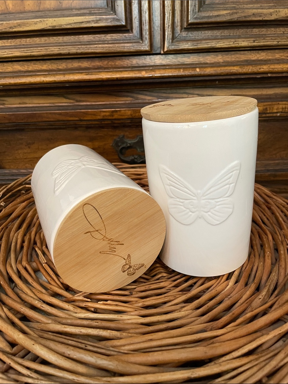 White Ceramic Butterfly Canister Set with Bamboo Lids-Dolly Parton